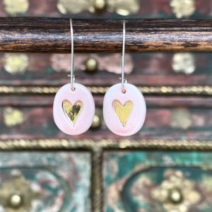 Pink with Gold Heart Porcelain Earrings